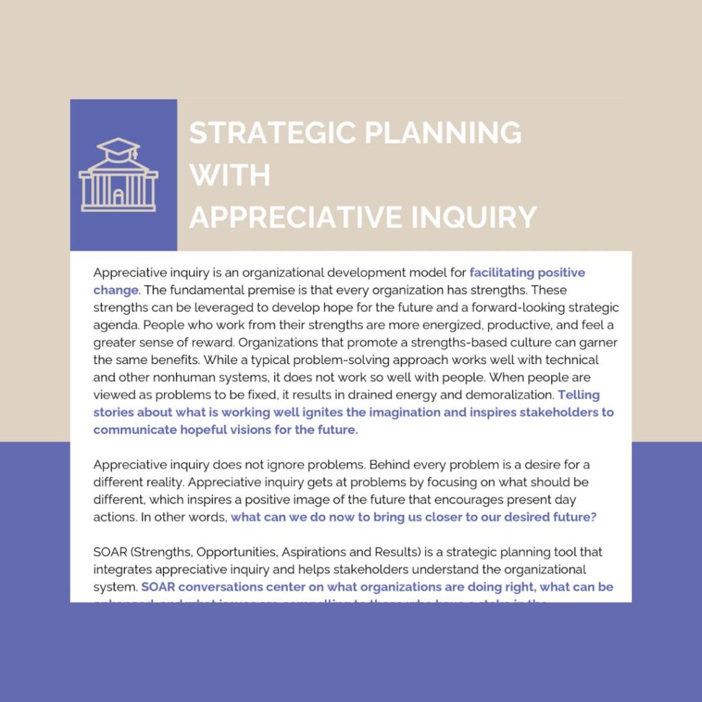 Free appreciative inquiry resources for women in higher ed; Dr Kim Burns Higher Ed Coach and Consultant