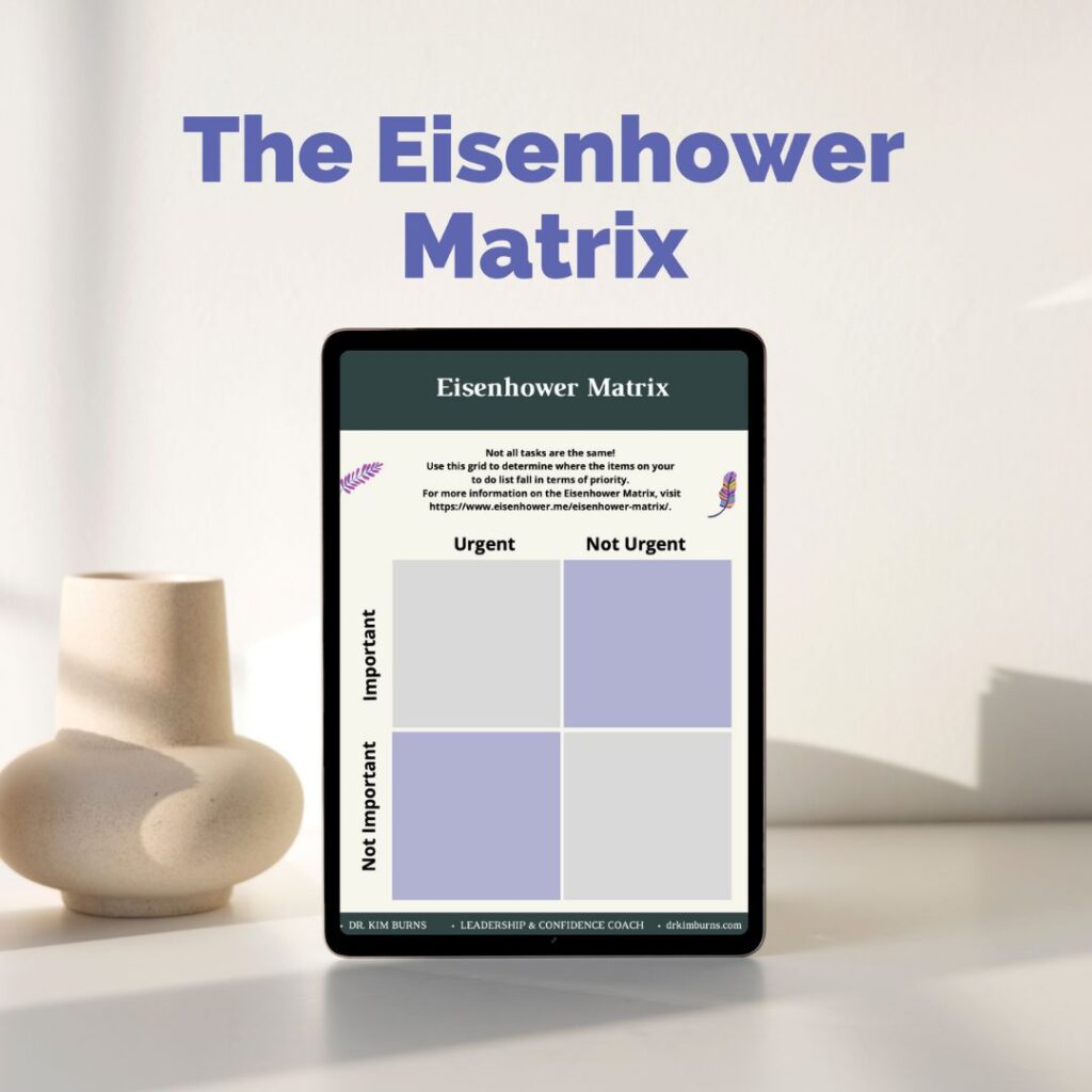 Free Eisenhower matrix resources for women in higher ed; Dr Kim Burns Higher Ed Coach and Consultant